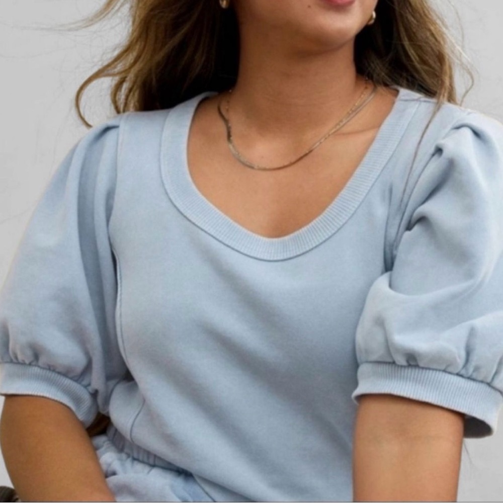 NWT Aerie Sky Blue Ribbed Collar puff sleeve Top Sz M new